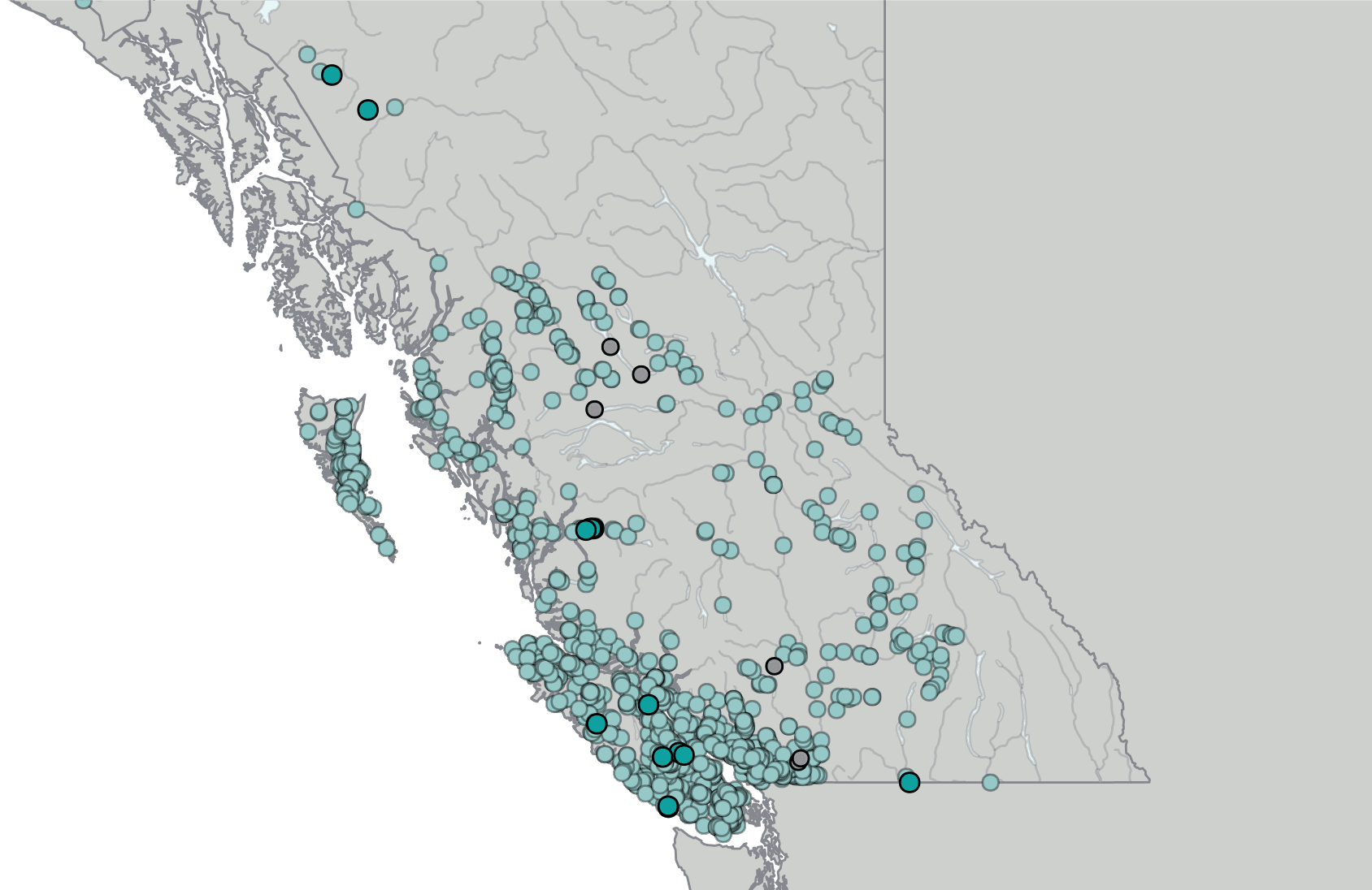 Map of hatchery facilities in British Columbia