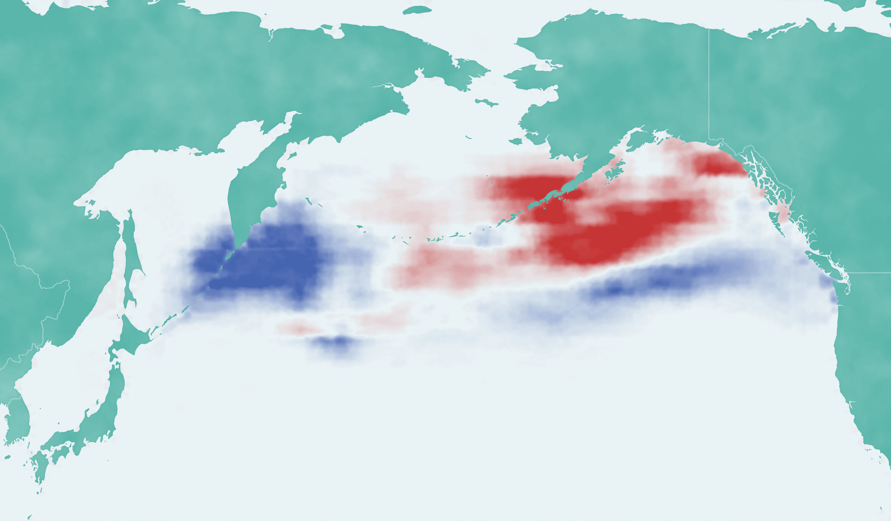 Map of the North Pacific showing changes in April sockeye salmon distribution, with red areas indicating increased abundance in warm years (2010s) and blue areas indicating higher abundance in cool years (1980s)