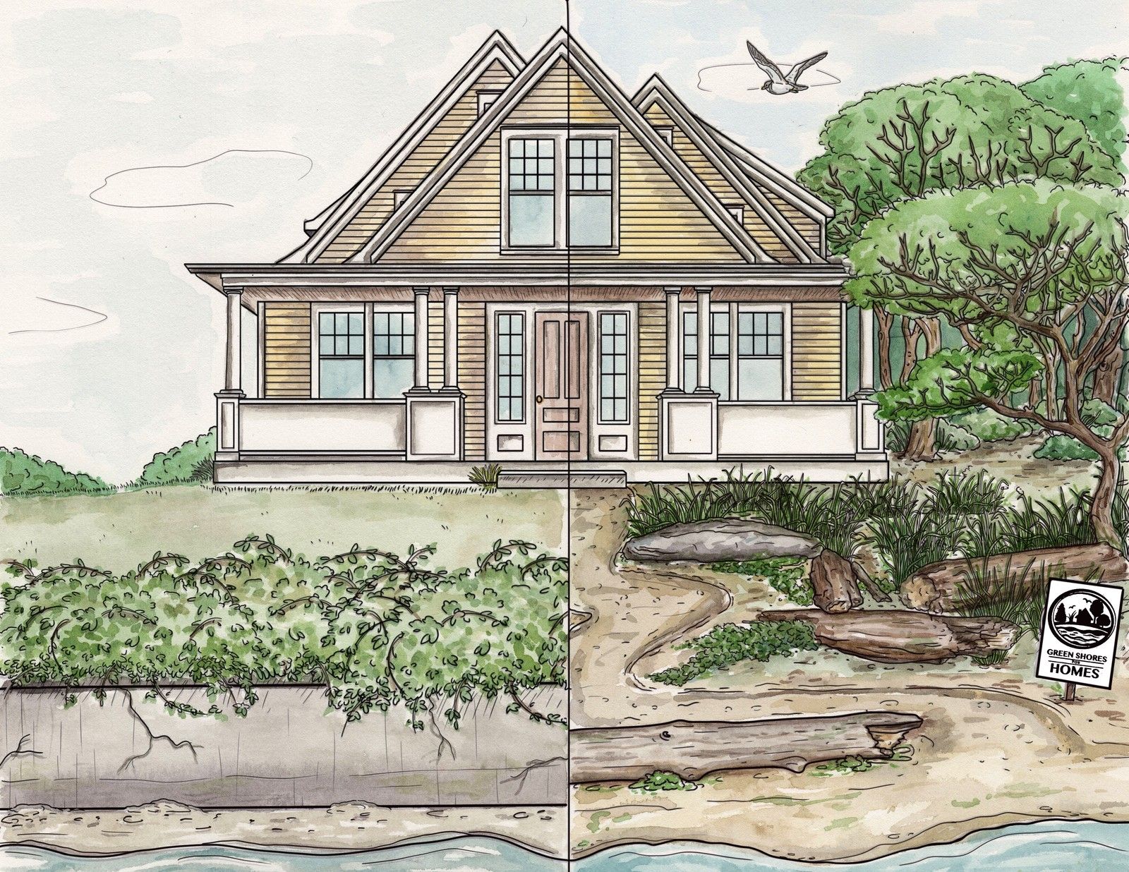 Illustration of a home using nature-based solutions: rain gardens, a naturalized shoreline, trees and permeable ground that slow and filter runoff