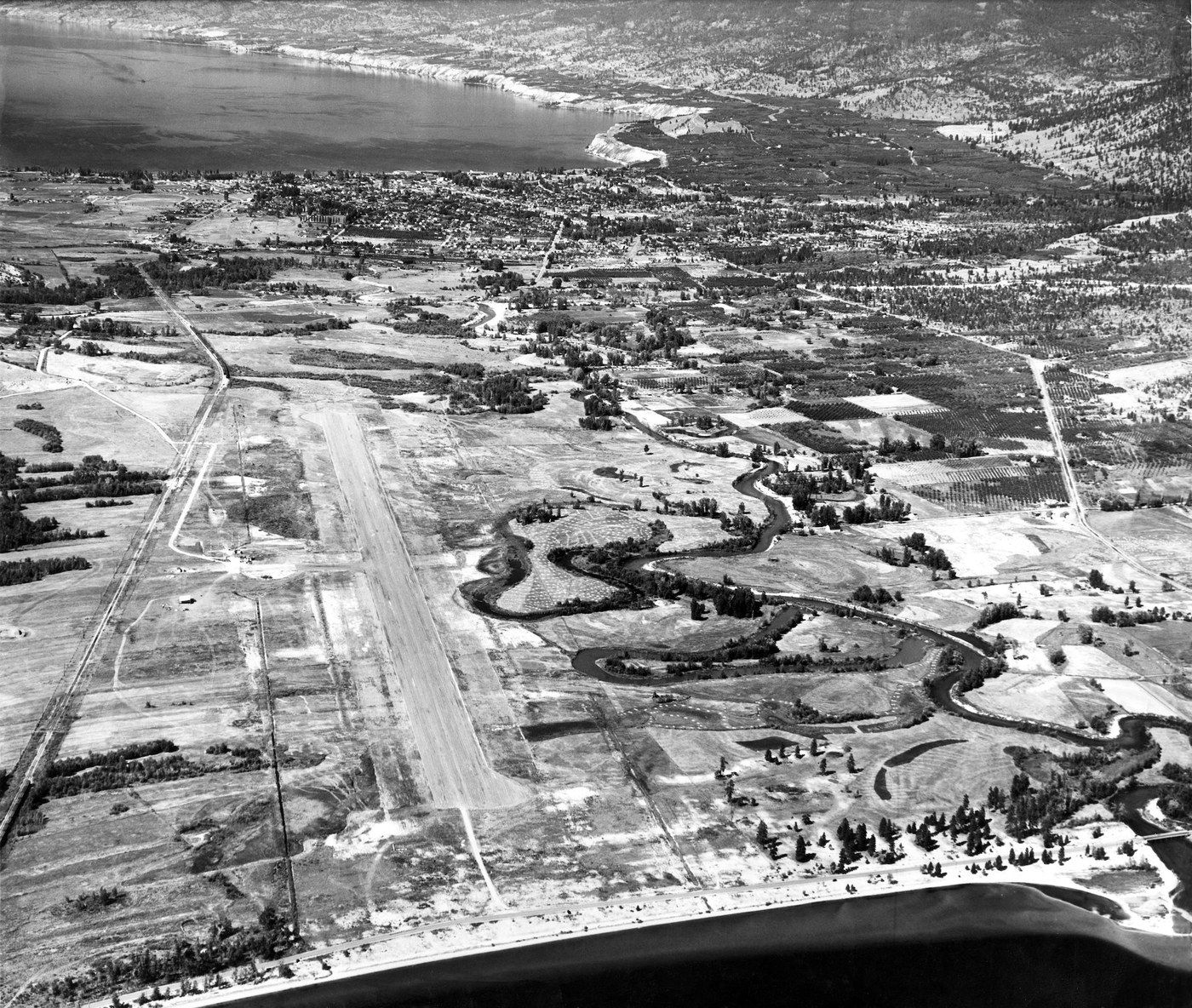 The Okanagan River at Penticton in a historical aerial view