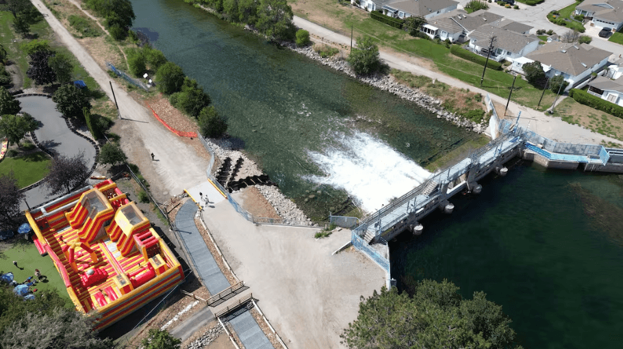 Aerial view of new fish passage on the Okanagan River beside a dam and river channel
