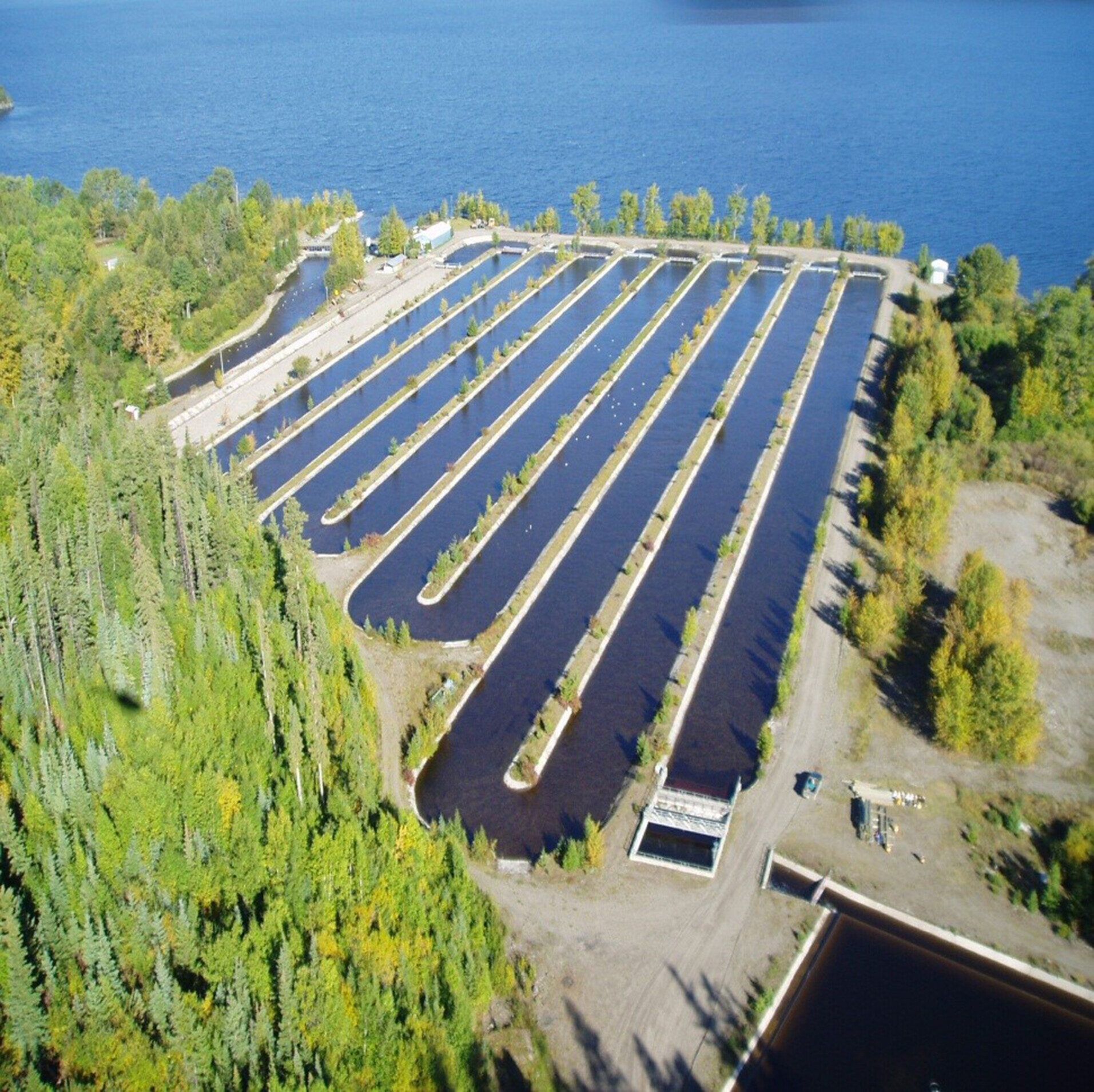 Aerial view of the Pinkut Creek spawning channel at Babine Lake, British Columbia
