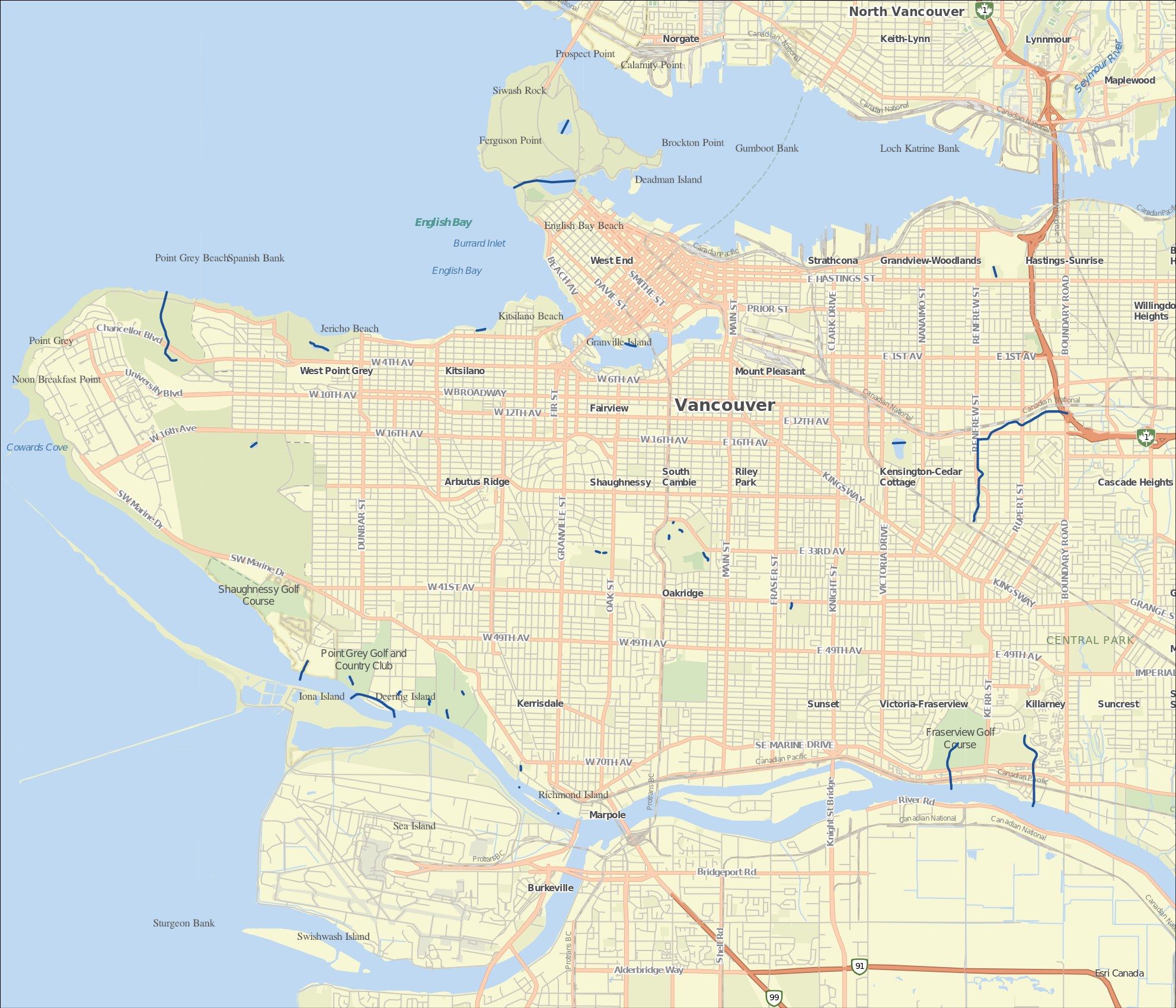 Map of Vancouver's streams today, with most historical streams now buried beneath the city