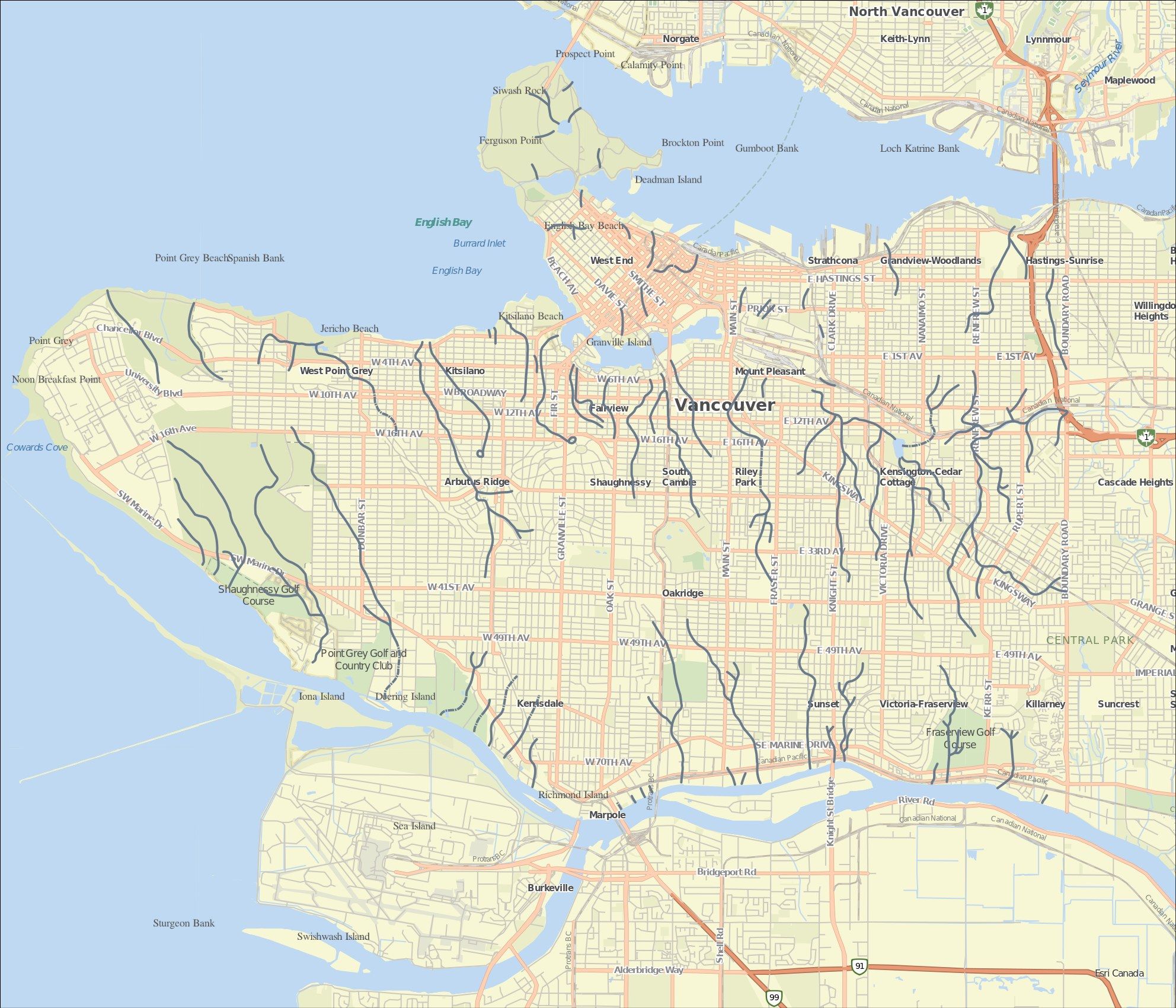 Map of Vancouver's historical stream network, far denser than today, before most streams were buried