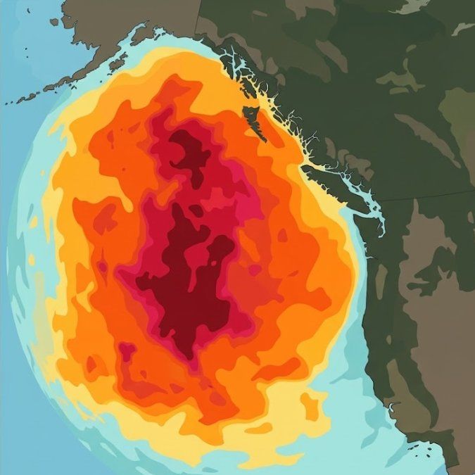 Stylized map of the marine heatwave off the B.C. coast